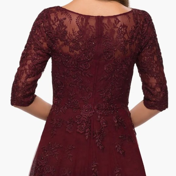 LA FEMME FLORAL LACE & TULLE BURGUNDY GOWN sz16 - Picture 4 of 4